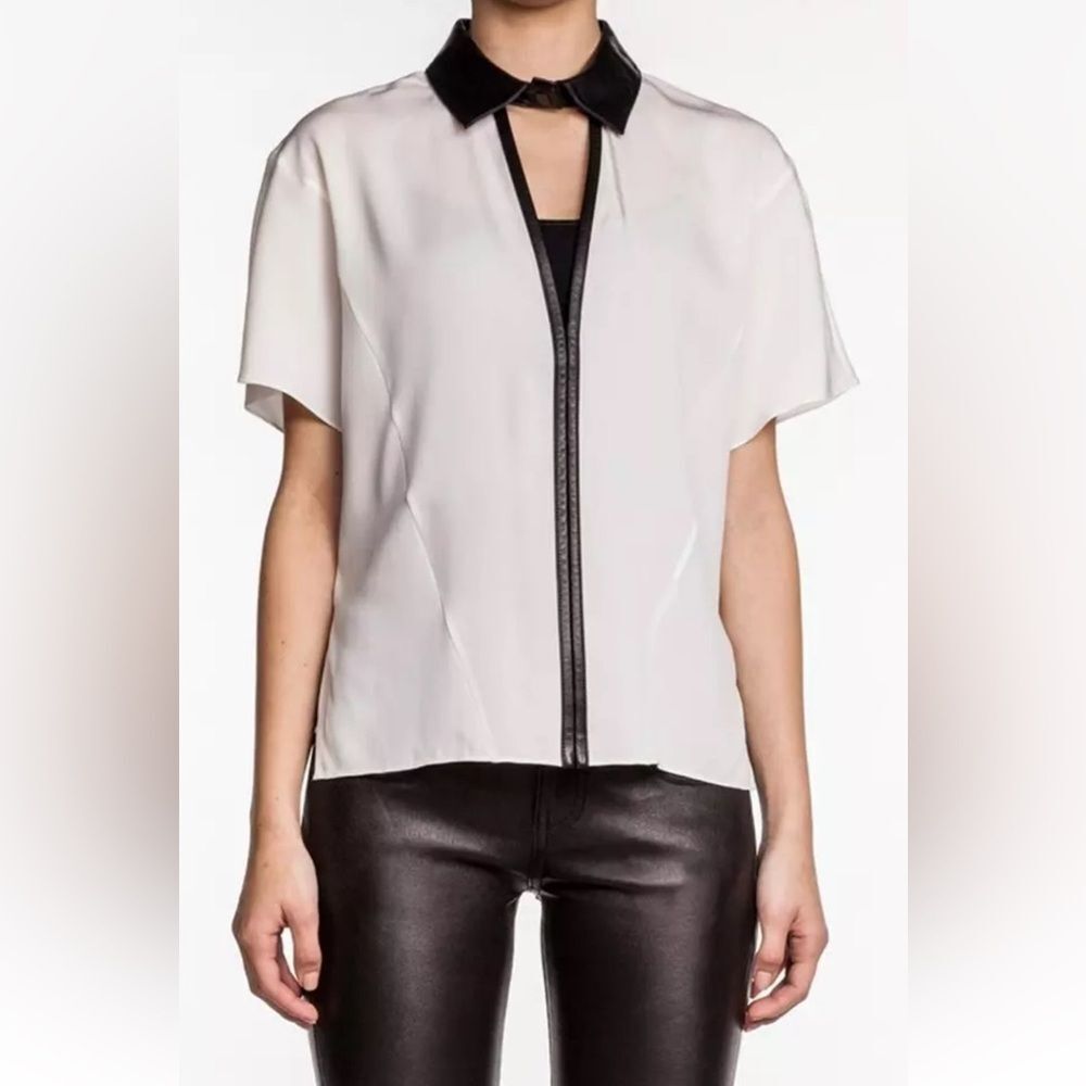 Robert Rodriguez two- tone Silk Top Blouse with Leather Trim, Size 10 like a new